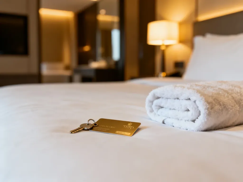 Karta hotelowa leżąca na pościeli obok ręcznika, symbolizująca standardy zakwaterowania w hotelu.