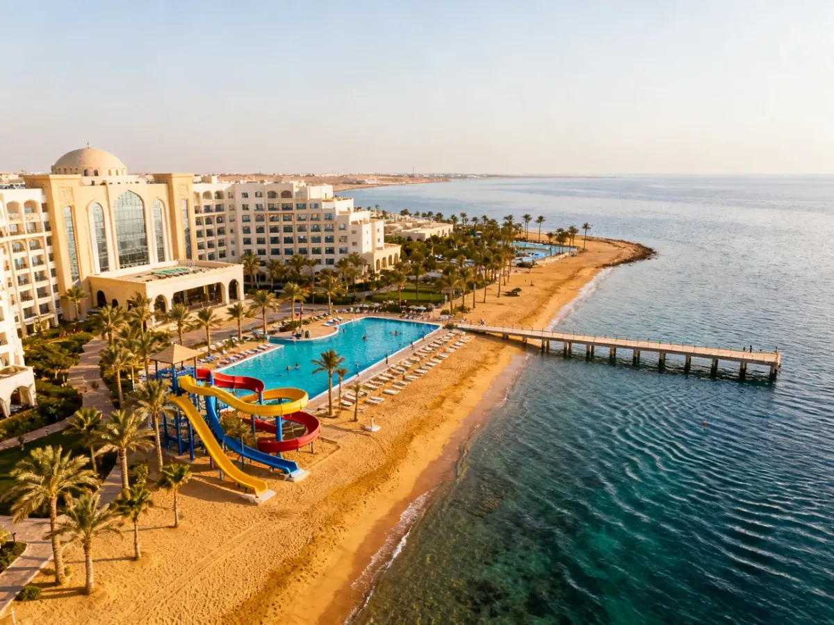 Widok hotelu AMC Royal z basenem, plażą i molem w Hurghadzie