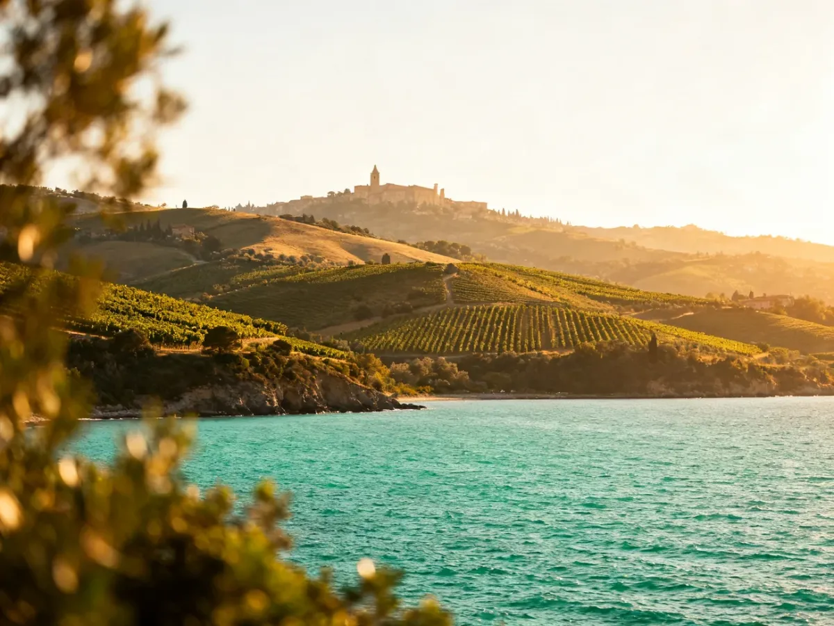 Panoramic view combining an Italian coastline, Tuscan hills and historic architecture