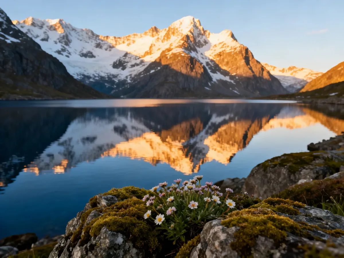 Majestatyczny norweski fiord w świetle zachodzącego słońca z ośnieżonymi szczytami odbijającymi się w spokojnej wodzie.