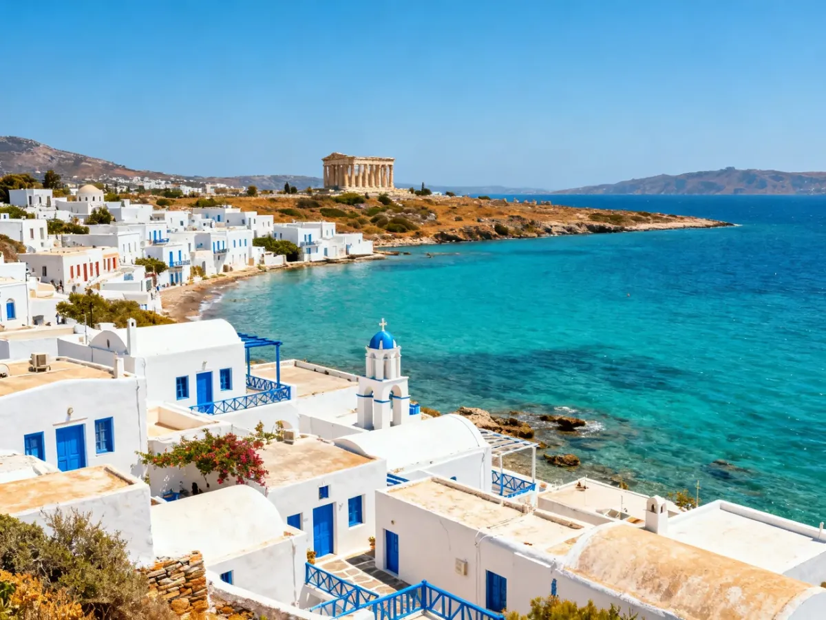Panoramic view of Greek islands, coastline and ancient ruins