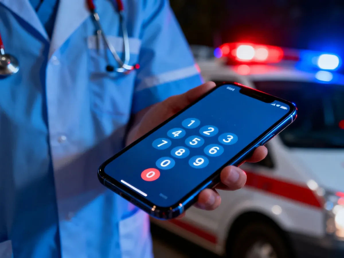 Ekran smartfona z klawiaturą numeryczną do wzywania pomocy w tle z rozmytymi światłami karetki pogotowia.