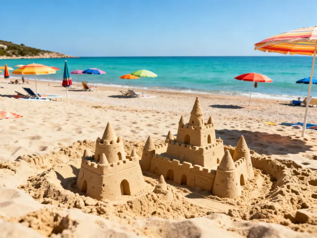 Piaszczysta plaża z kolorowymi parasolami i zamkami z piasku nad spokojnym, turkusowym morzem. Idealne miejsce na wakacje.