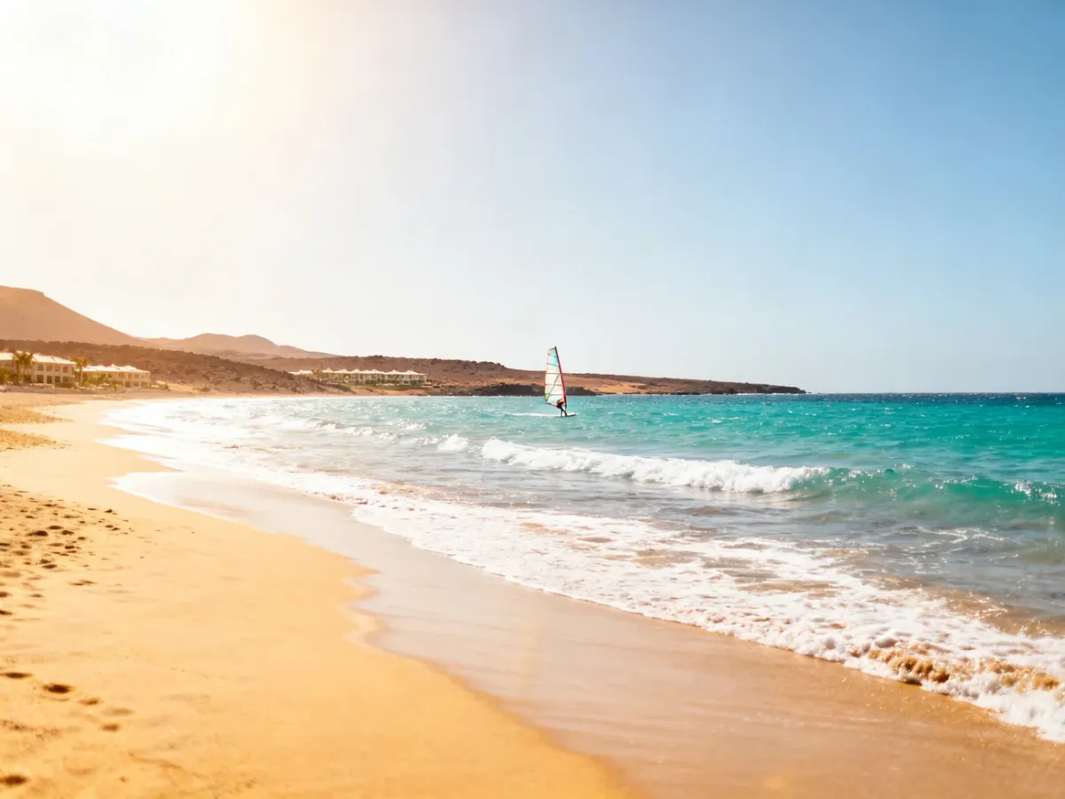 Szeroka plaża Cabo Verde z turkusowym oceanem i kitesurferem