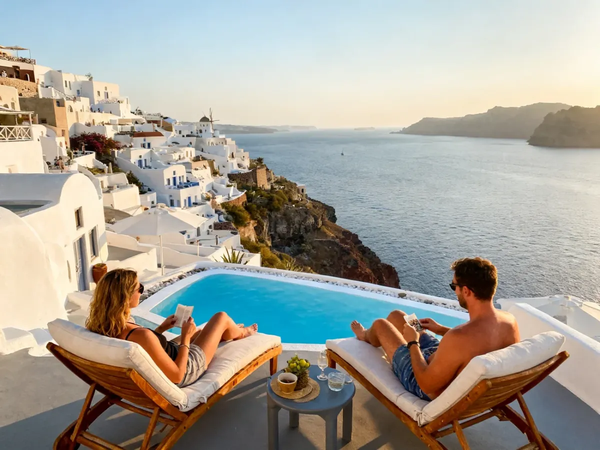 Taras hotelowy na Santorini z basenem i widokiem na Morze Egejskie