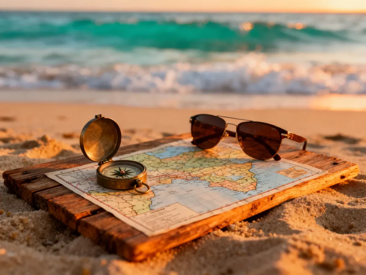 Drewniana mapa podróżnicza z kompasem i okularami na piaszczystej plaży o zachodzie słońca, symbolizująca planowanie wakacji.