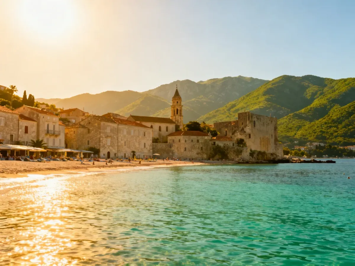 Jesienny pejzaż europejskiego wybrzeża z plażą, zabytkową architekturą i górami