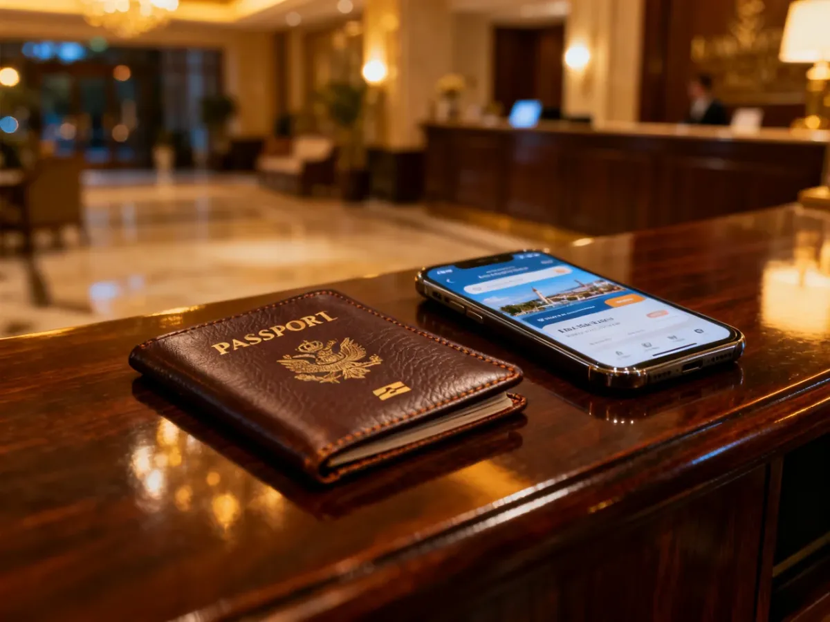 Skórzane etui na paszport i smartfon z aplikacją rezerwacyjną na ladzie hotelowej w eleganckim lobby.