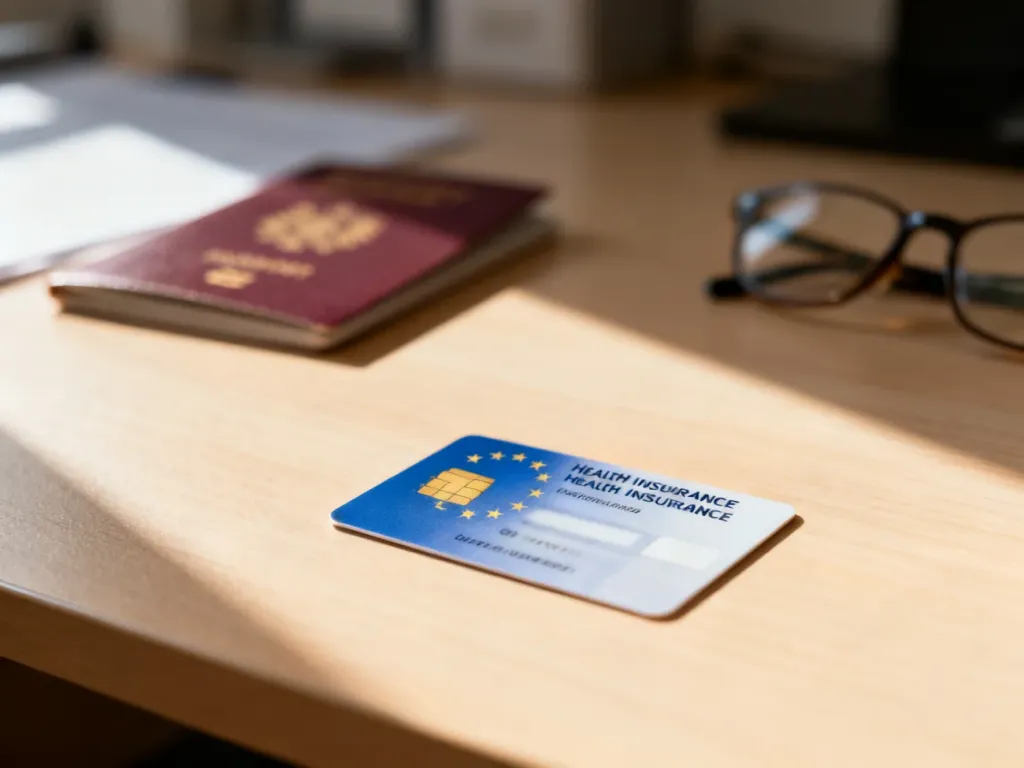Europejska Karta Ubezpieczenia Zdrowotnego leżąca na biurku obok paszportu i okularów, gotowa do podróży.