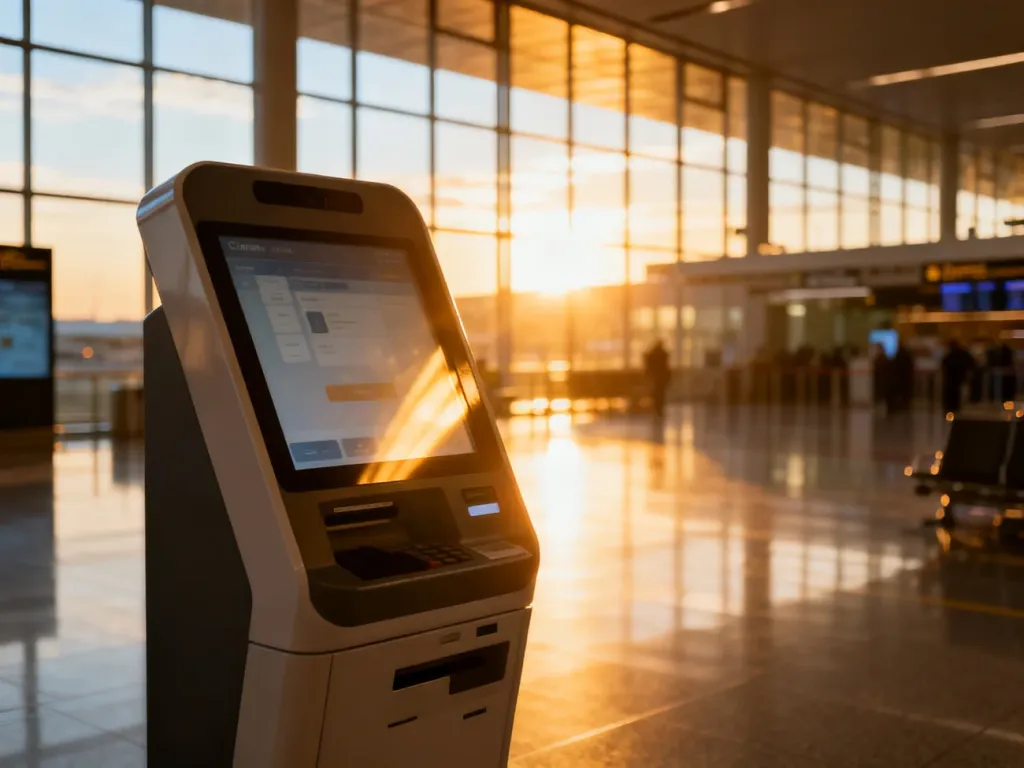 Nowoczesny kiosk samoobsługowy na lotnisku, umożliwiający samodzielną odprawę pasażerów przed lotem.