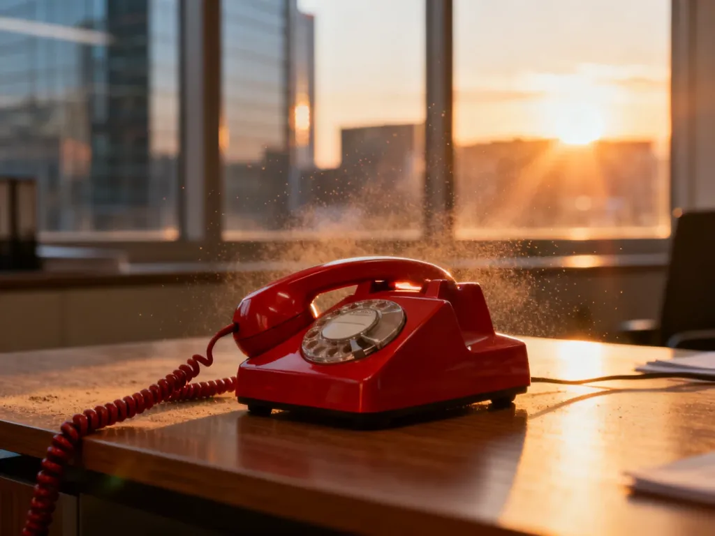 Czerwona słuchawka telefonu alarmowego na biurku w biurze o zachodzie słońca, symbolizująca szybką pomoc w sytuacjach zagrożenia.