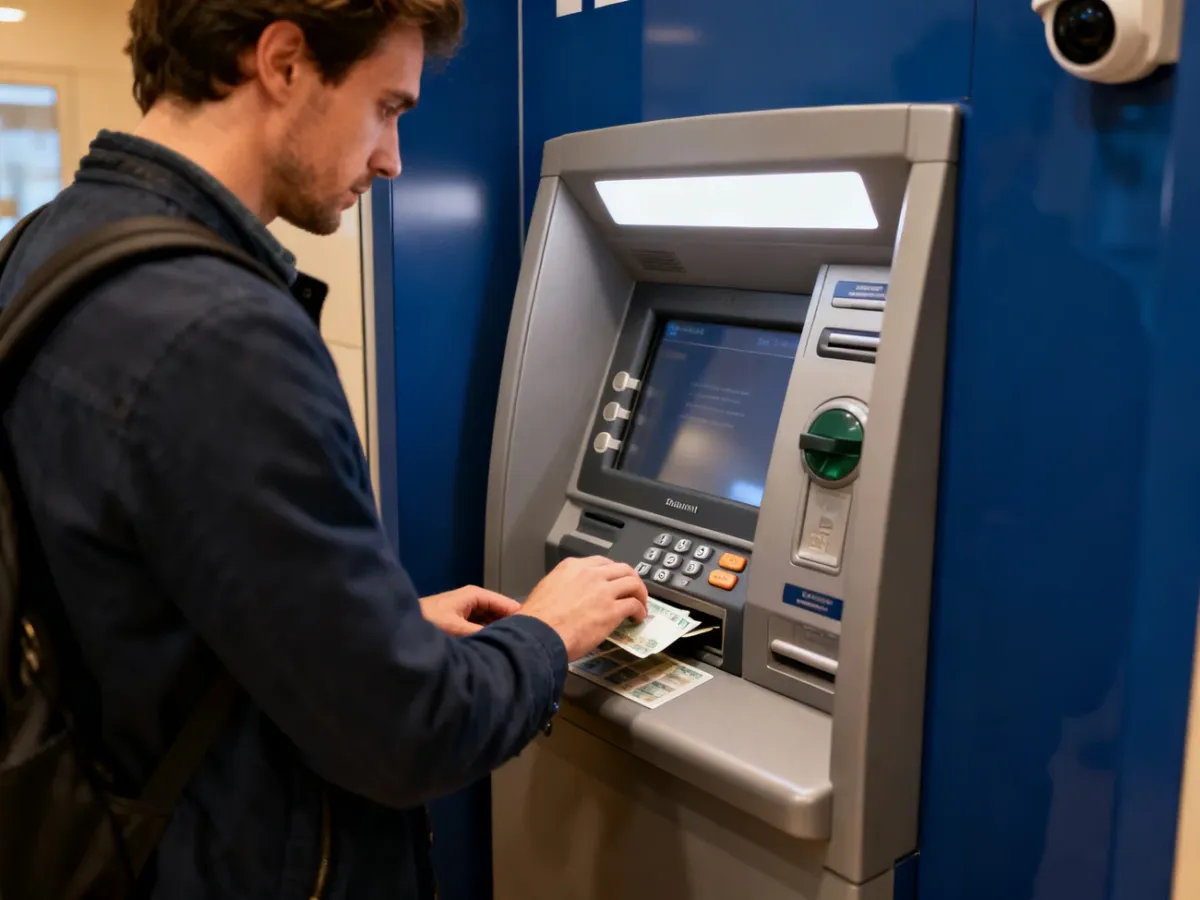 Podróżny bezpiecznie wypłacający lokalną walutę z bankomatu