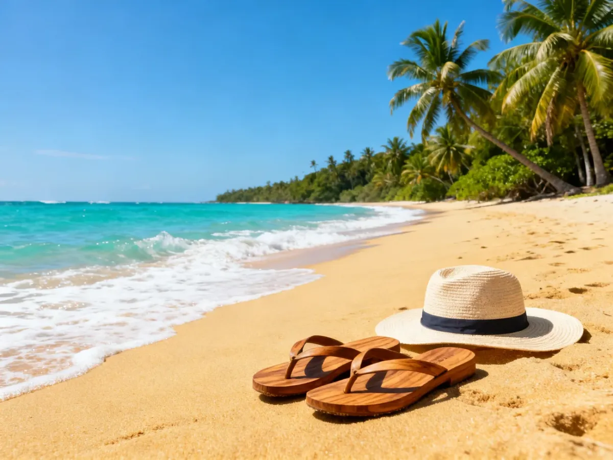 Piaszczysta plaża z turkusową wodą, kapeluszem i sandałami, zachęcająca do wyjazdu w ciepłe kraje w lutym.