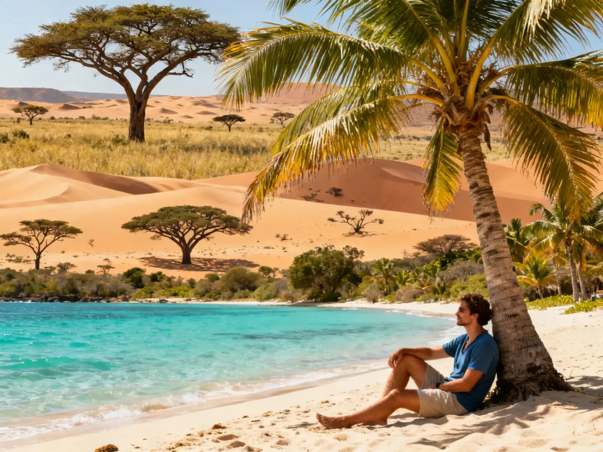 Tropikalna plaża połączona z krajobrazem safari i pustyni