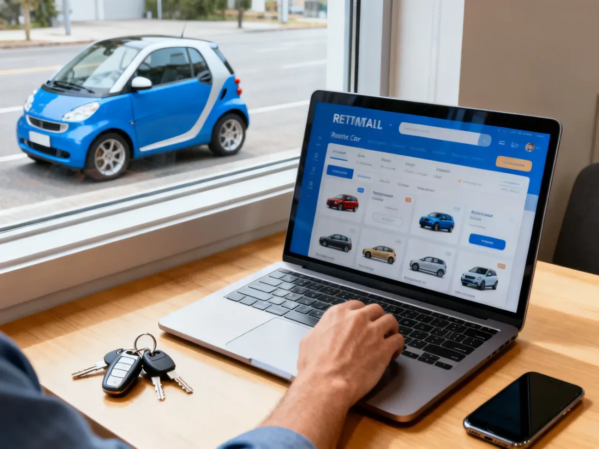 Podróżnik porównujący oferty wynajmu samochodu przy laptopie