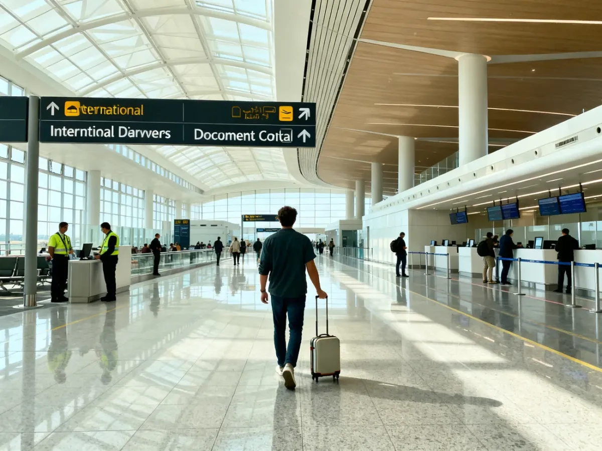 Podróżny kierujący się przez terminal lotniska do kontroli dokumentów