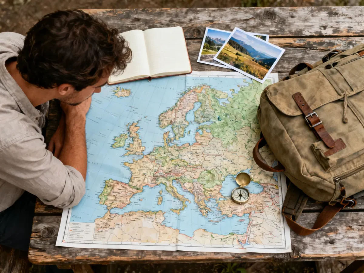 Podróżnik planujący nietypową europejską wyprawę przy mapie