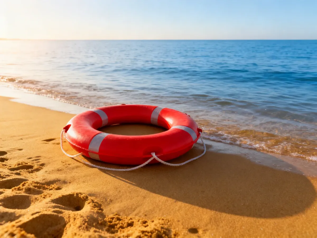 Czerwone koło ratunkowe leżące na piaszczystej plaży nad spokojnym morzem, symbolizujące bezpieczeństwo podczas wypoczynku.
