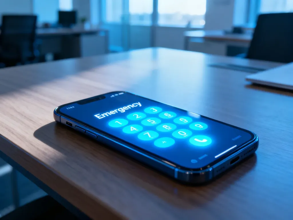 Nowoczesny smartfon z wyświetlonym interfejsem połączenia alarmowego na drewnianym biurku.