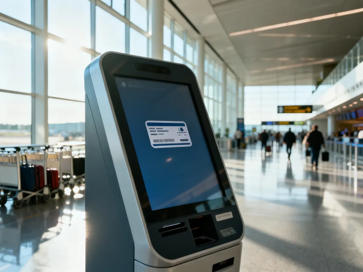 Nowoczesny kiosk samoobsługowy na lotnisku z ikoną karty pokładowej, ułatwiający proces odprawy pasażerskiej.