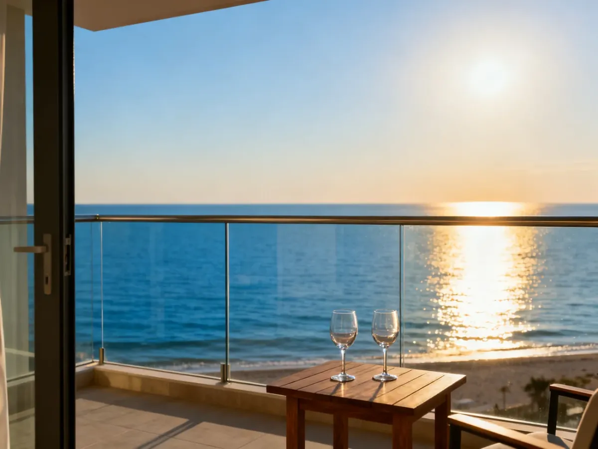 Luksusowy balkon hotelowy z widokiem na Adriatyk w Durres, zachęcający do relaksu przy kieliszku wina.