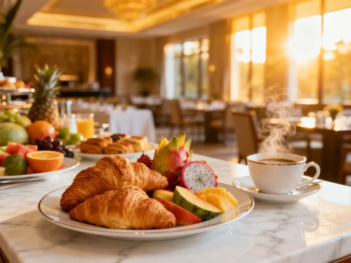 Luksusowy bufet śniadaniowy w hotelu z croissantami, owocami i kawą na marmurowym stole w słonecznej jadalni.