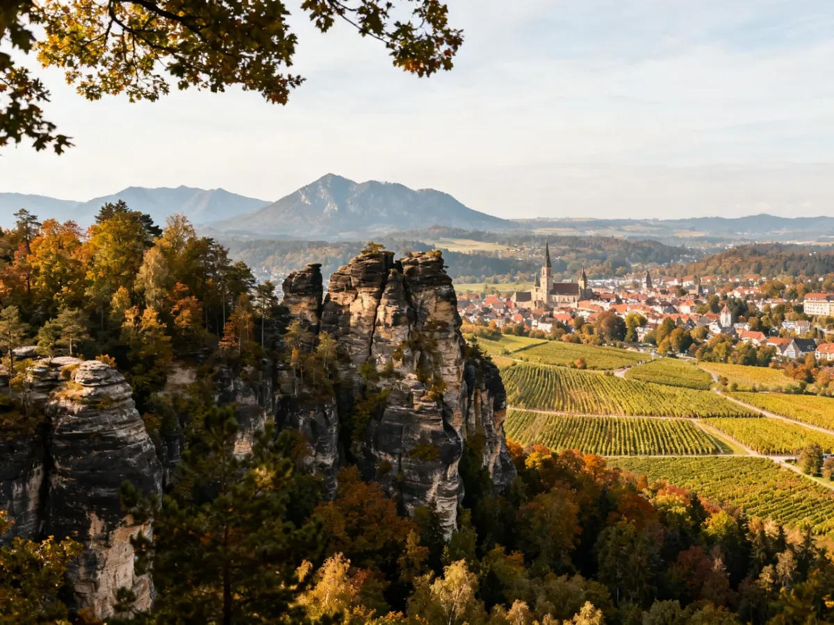 Panoramic krajobraz Czech łączący skalne góry, zabytkowe miasto i winnice