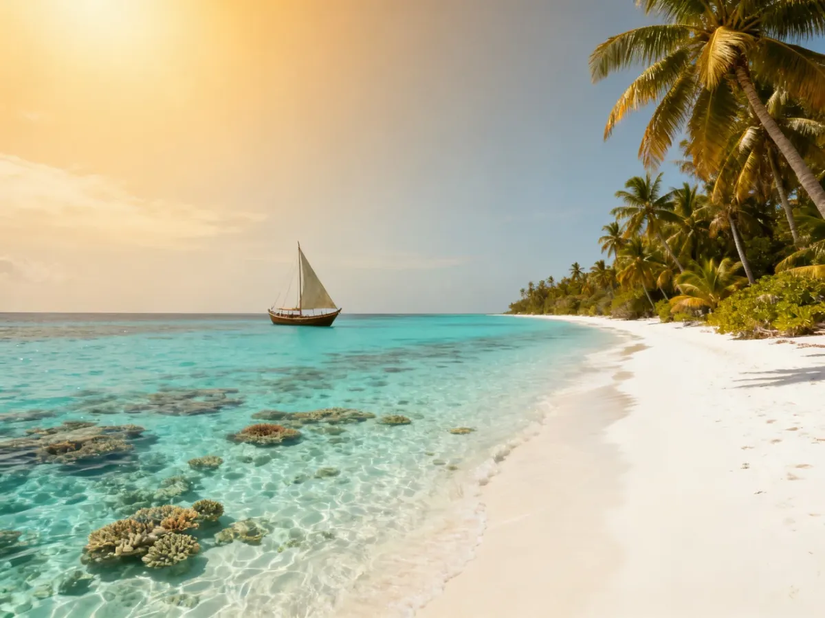 Rajską plaża Zanzibaru z turkusowym oceanem i łodzią dhow