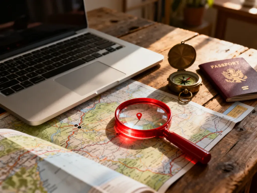 Mapa, laptop i kompas na biurku symbolizują bezpieczne planowanie podróży i weryfikację ofert turystycznych w internecie.