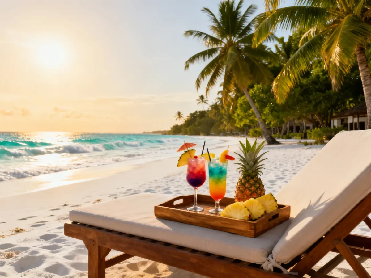Luksusowy kurort na Zanzibarze z piaszczystą plażą, turkusowym oceanem oraz orzeźwiającymi koktajlami na leżaku.