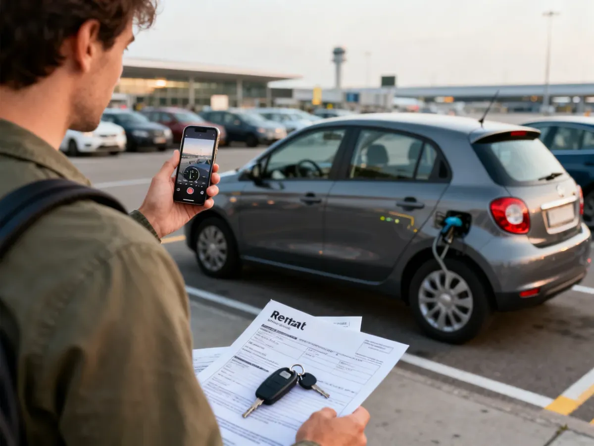 Podróżny dokumentujący stan wynajętego samochodu na parkingu lotniskowym