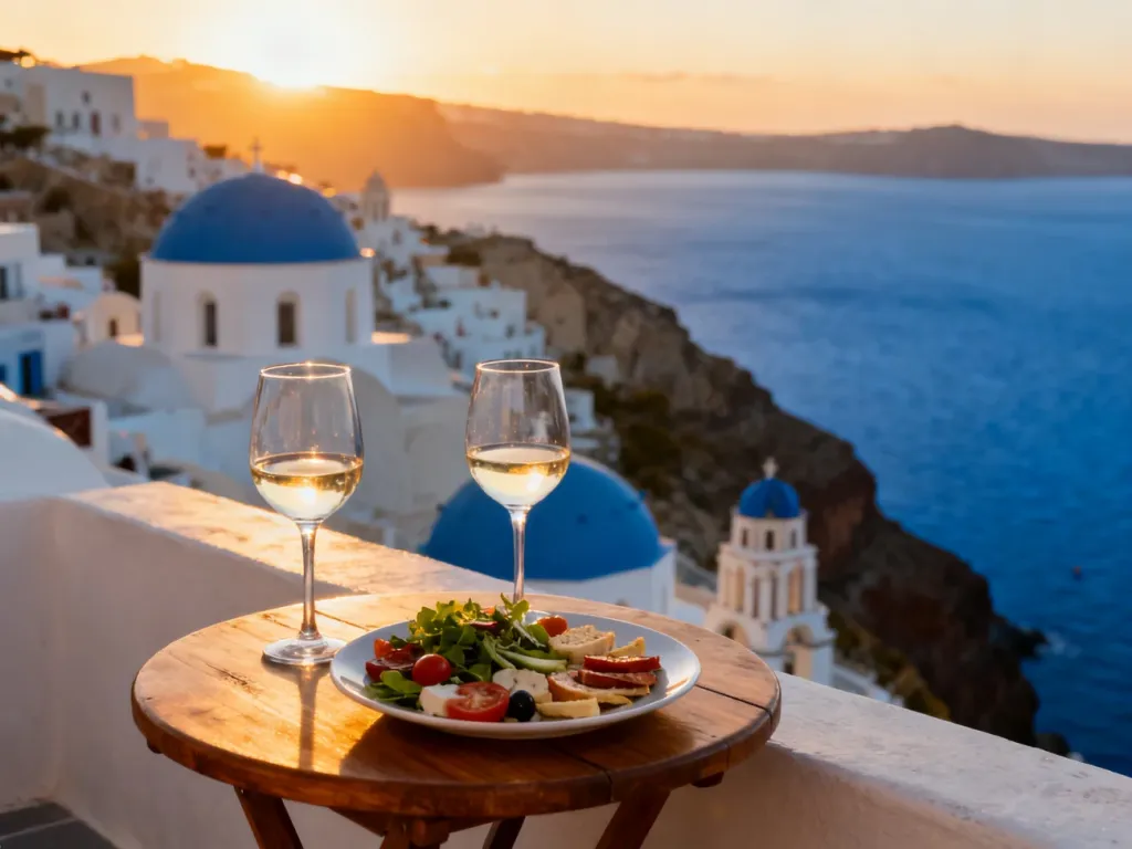 Widok z tarasu na Santorini o zachodzie słońca z winem i przekąskami na pierwszym planie oraz błękitną kopułą w tle.