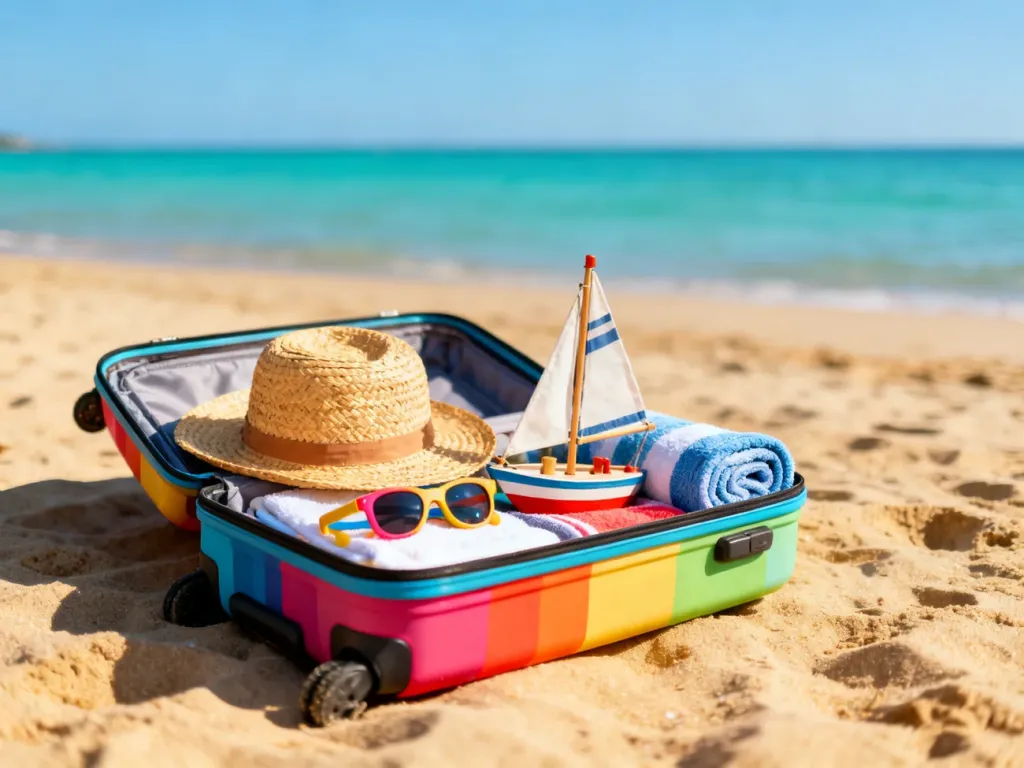 Otwarta walizka z akcesoriami plażowymi i dziecięcymi zabawkami na tle turkusowego morza, gotowa na rodzinne wakacje.