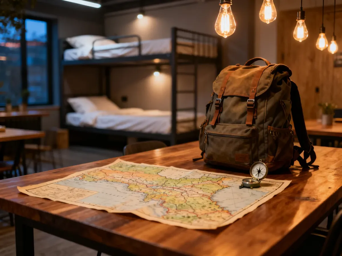 Przytulna część wspólna w hostelu z mapą i plecakiem, zachęcająca do podróży i odpoczynku w ciepłej atmosferze.