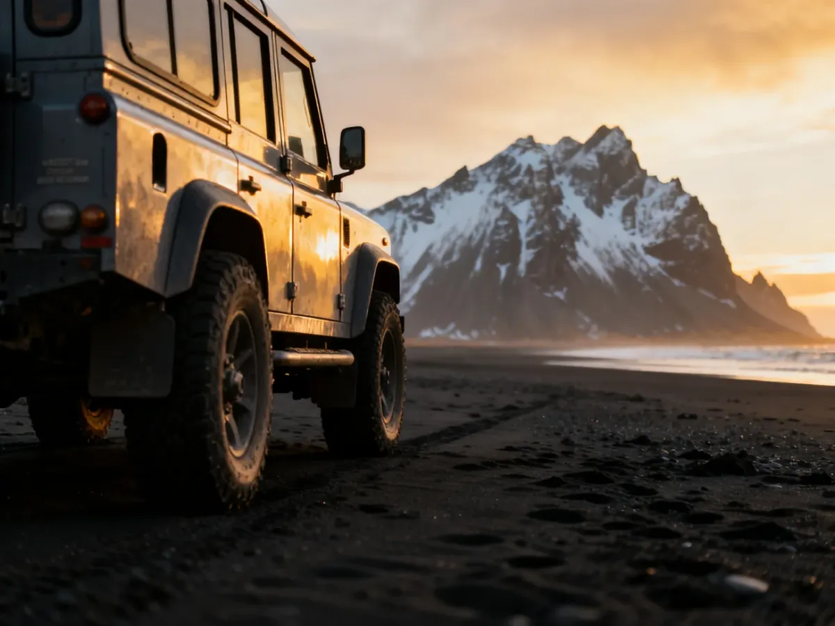 Terenowy samochód 4x4 zaparkowany na czarnej, wulkanicznej plaży na Islandii z ośnieżonymi górami w tle.