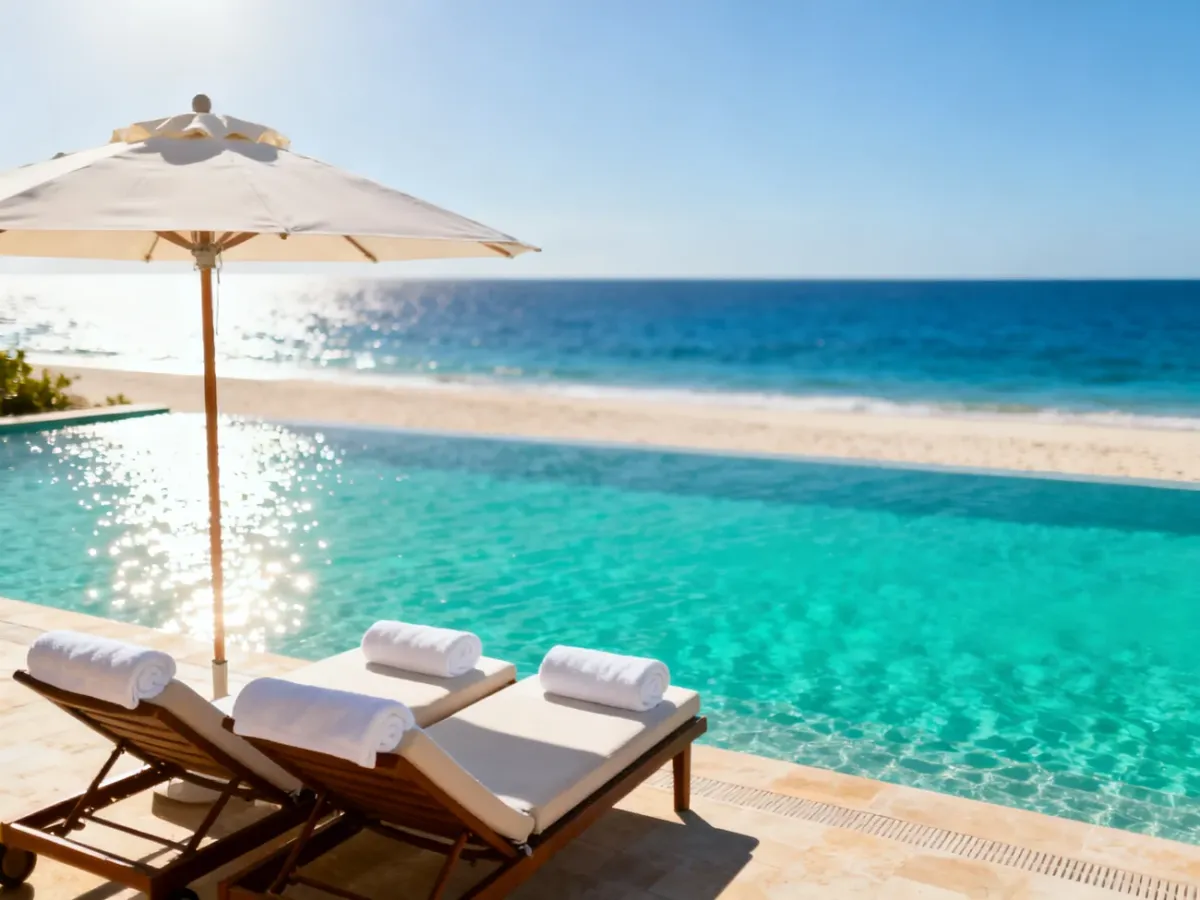 Luksusowy basen w hotelu Anastasia Beach z widokiem na piaszczystą plażę i błękitny ocean w słoneczny dzień.