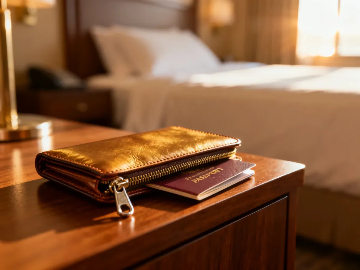 Skórzany portfel podróżny z paszportem na hotelowym stoliku, symbolizujący bezpieczne przechowywanie dokumentów.