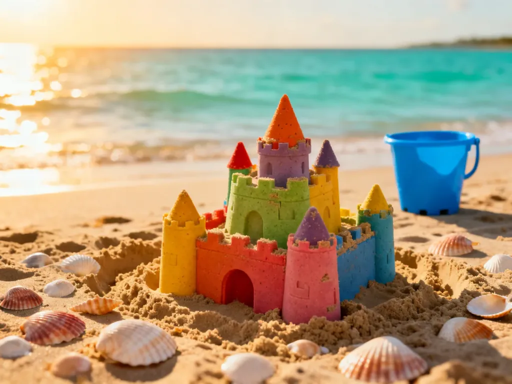 Piaszczysta plaża z kolorowym zamkiem z piasku i błękitnym morzem, idealna na rodzinny wypoczynek w sierpniu.