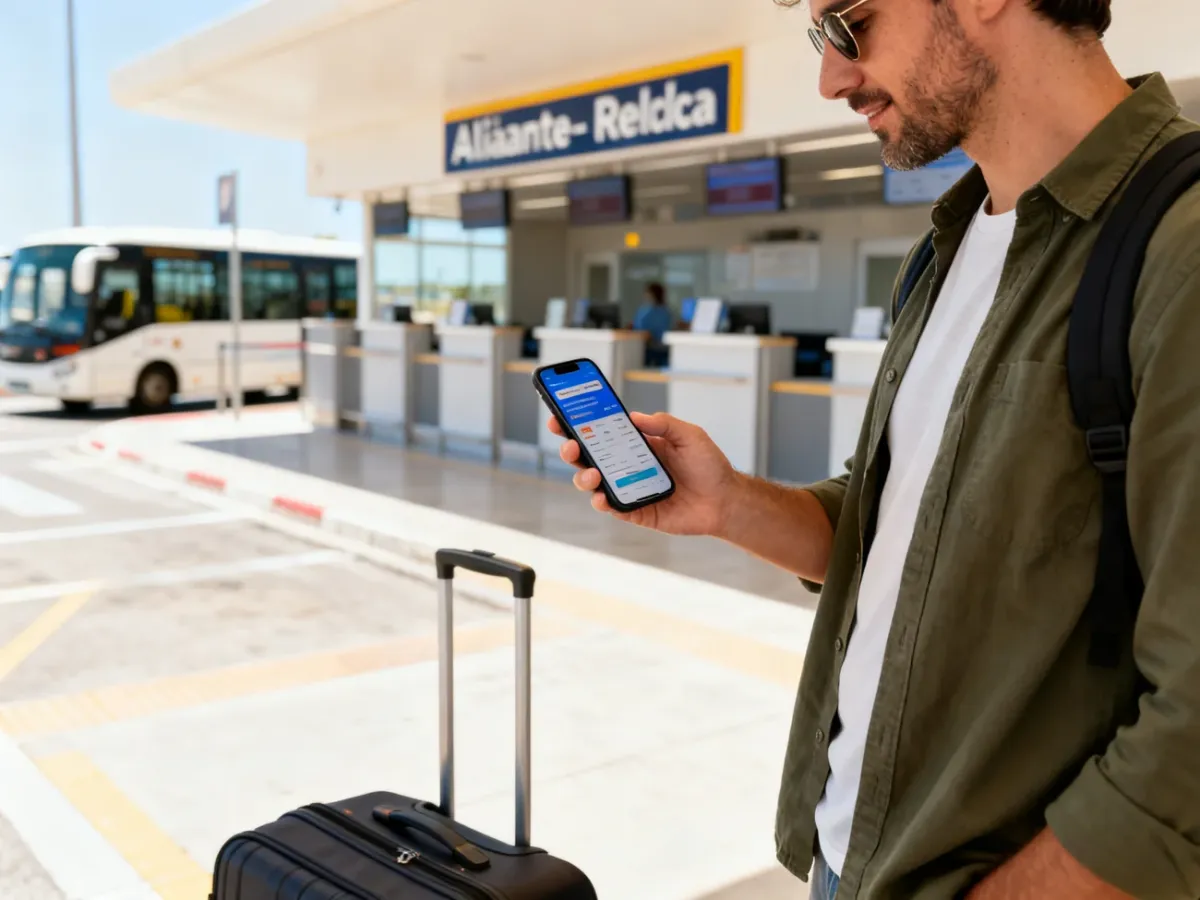 Podróżny porównujący oferty wynajmu auta na lotnisku w Alicante