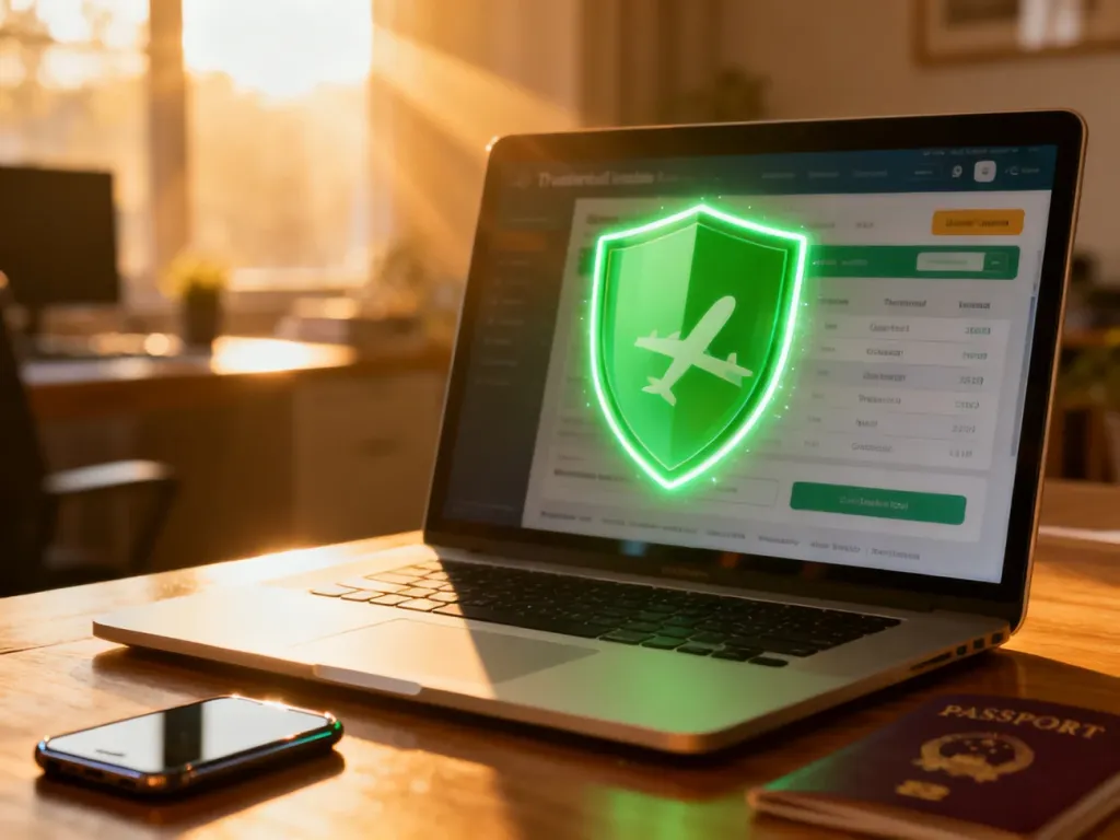 Laptop z otwartą stroną rezerwacji wakacji i ikoną tarczy, symbolizujący bezpieczne planowanie podróży online.