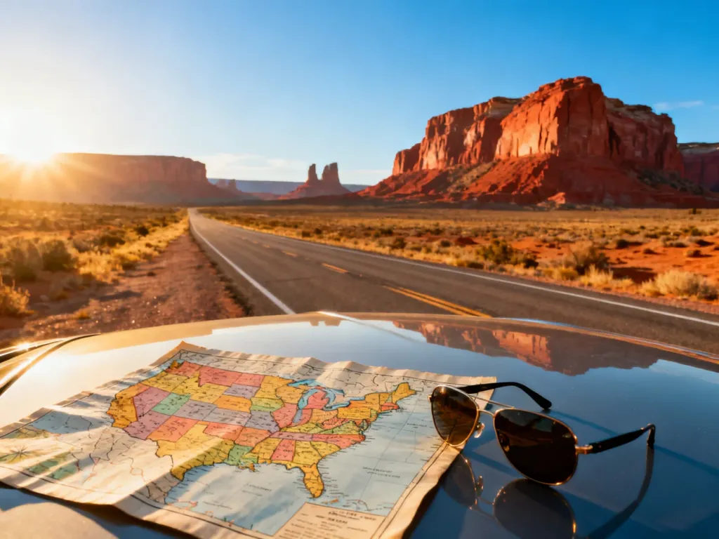 Mapa USA i okulary przeciwsłoneczne na masce samochodu z widokiem na pustynną drogę, zachęcające do planowania podróży.