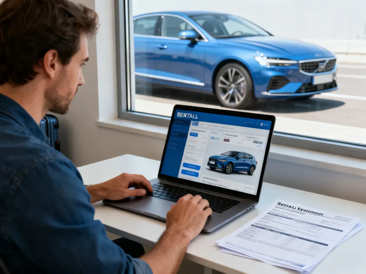 Podróżny porównujący oferty wynajmu samochodu przy laptopie