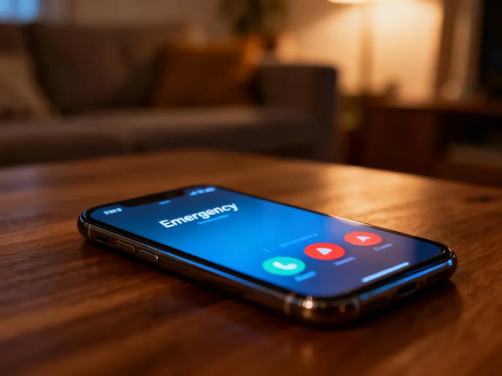 Nowoczesny smartfon z wyświetlonym ekranem połączenia alarmowego leżący na drewnianym stole w przytulnym salonie.